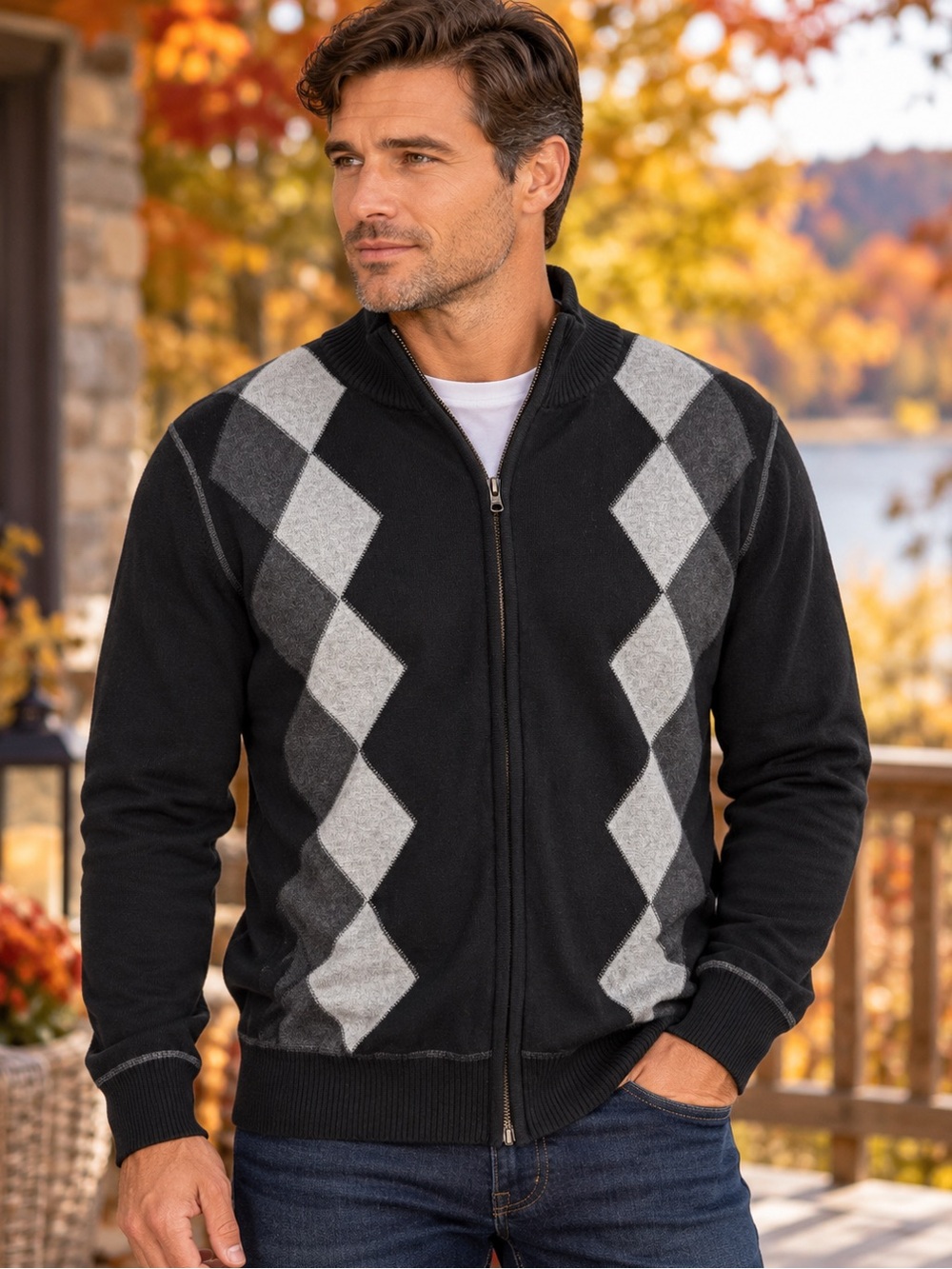 Dockers Men’s L Argyle Full Zip Sweater Black Gray Grandpacore Preppy Cotton